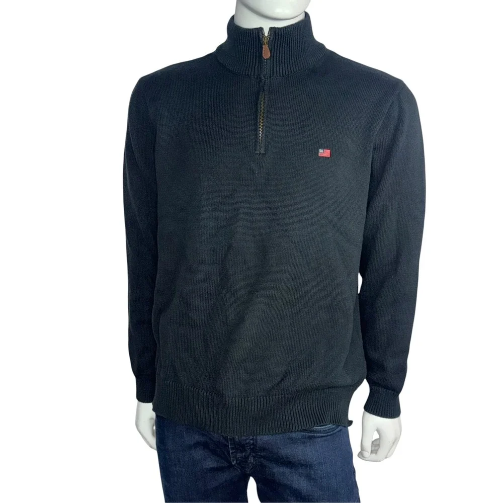 Vintage Polo Jeans Co Ralph Lauren Mens XL Black Cotton Quarter Zip Flag Sweater
